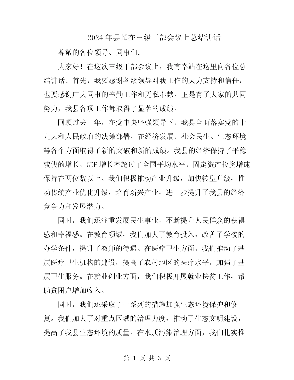 2024年县长在三级干部会议上总结讲话_第1页