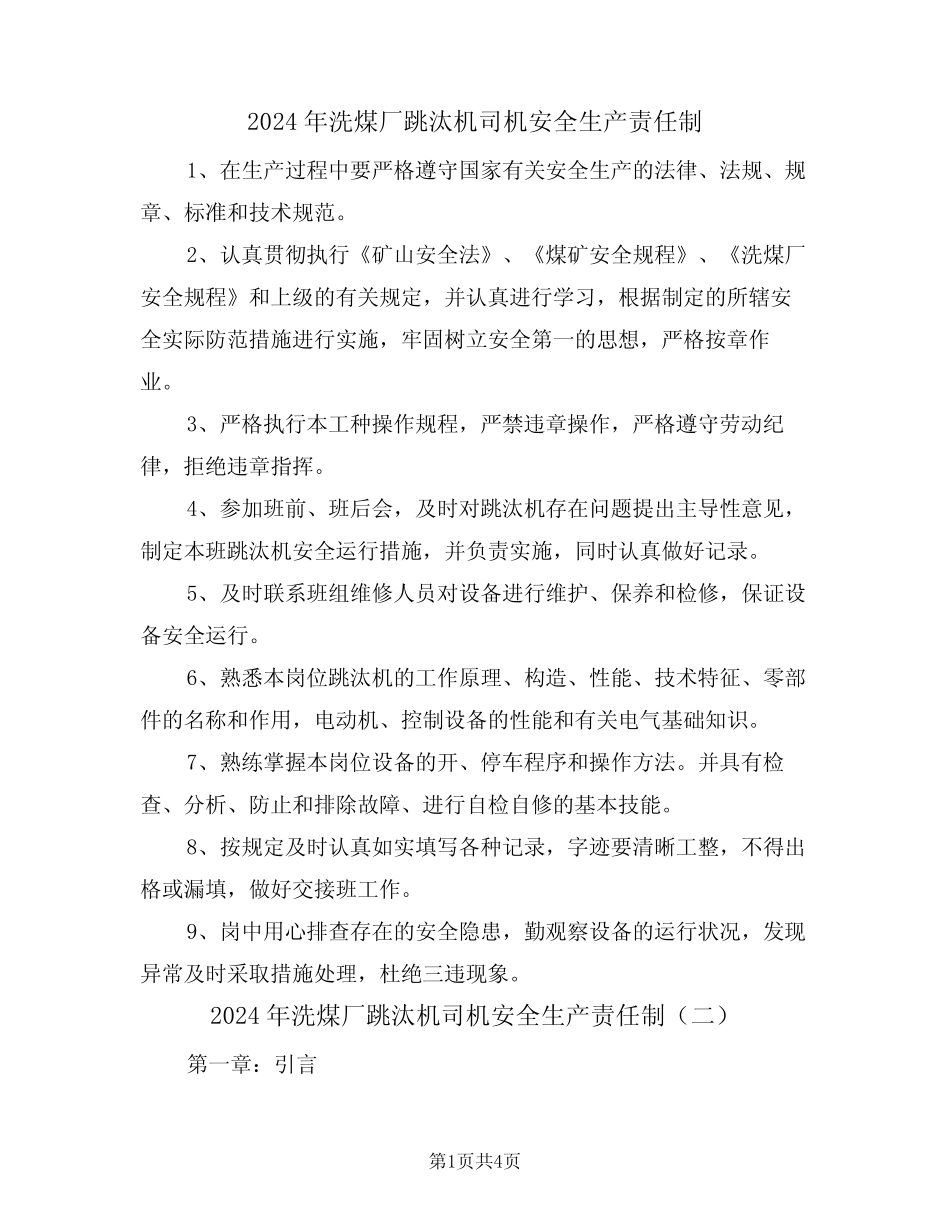2024年洗煤厂跳汰机司机安全生产责任制(二篇)_第1页