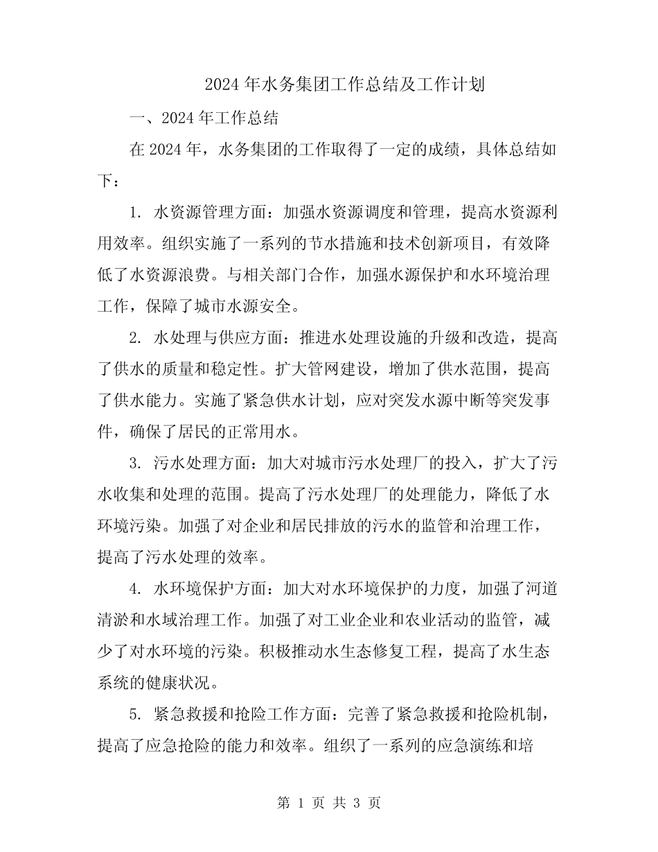 2024年水务集团工作总结及工作计划 _第1页