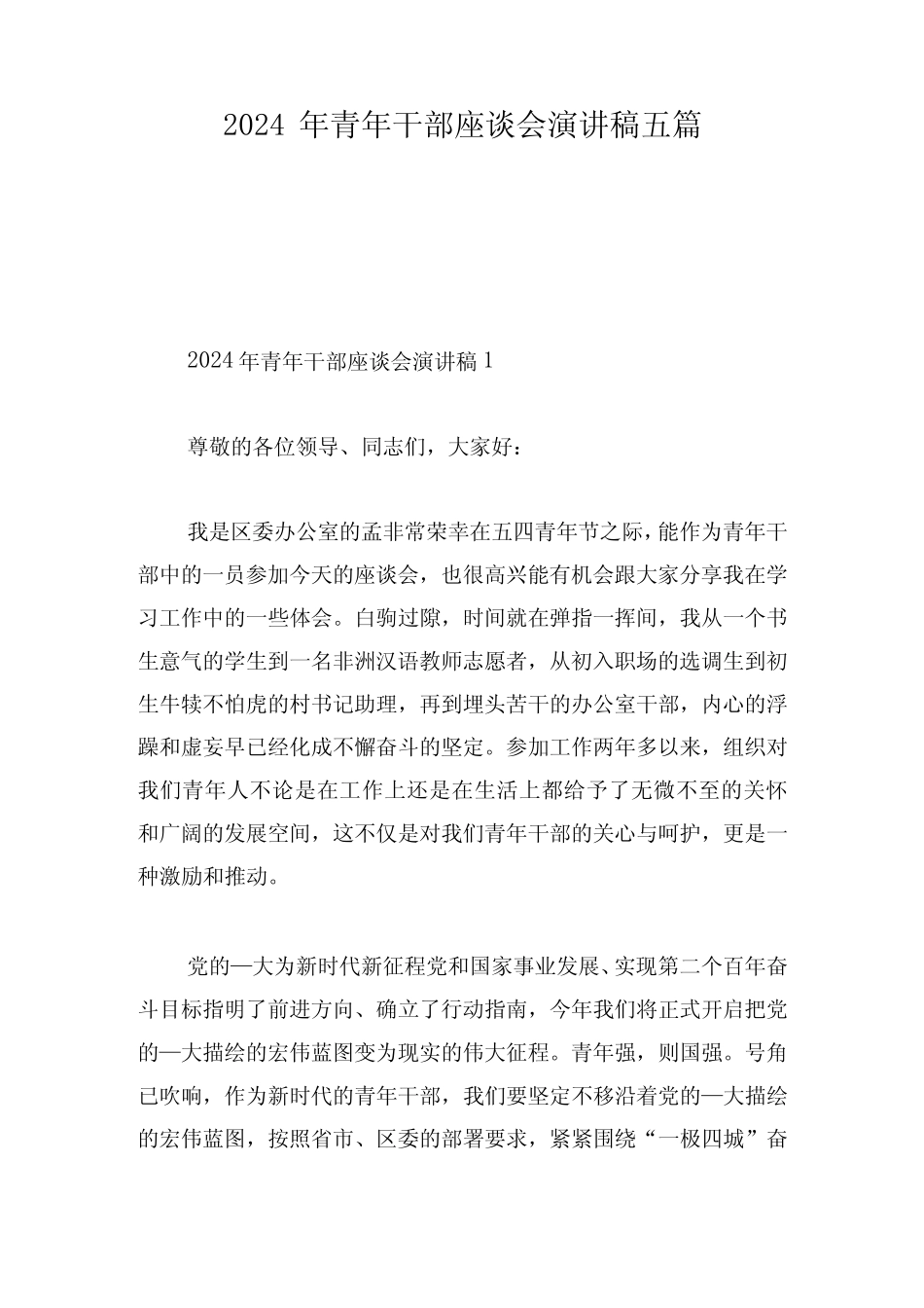 2024年青年干部座谈会演讲稿五篇 _第1页