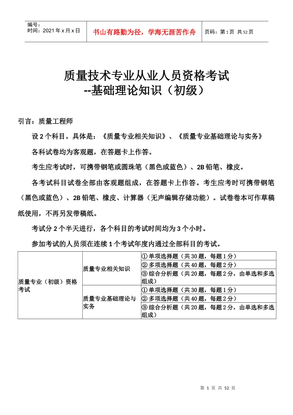 质量专业从业人员考试综合知识(初级)_第1页