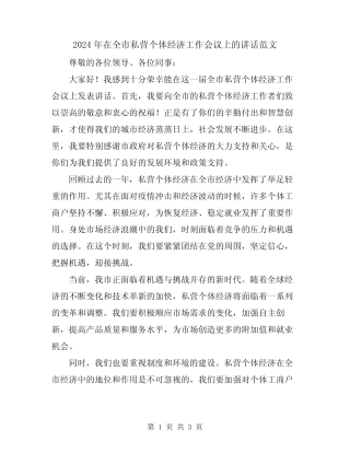 2024年在全市私营个体经济工作会议上的讲话范文 