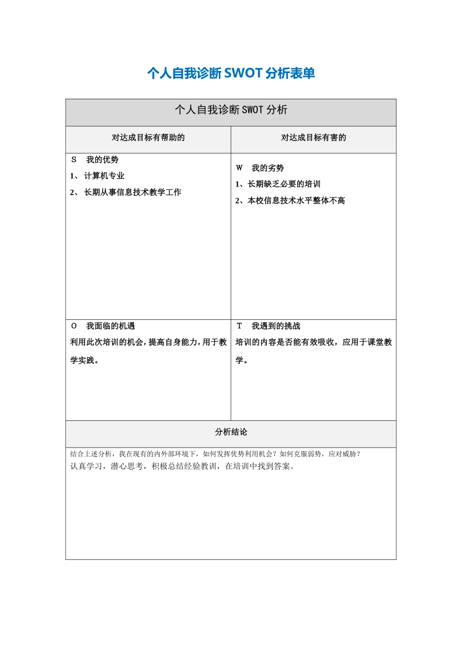 个人自我诊断SWOT分析表单_第1页