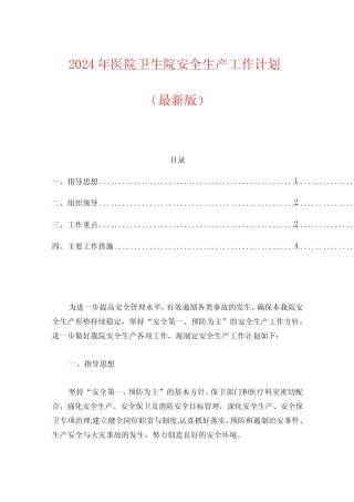 2024年医院卫生院安全生产工作计划(最新版) 