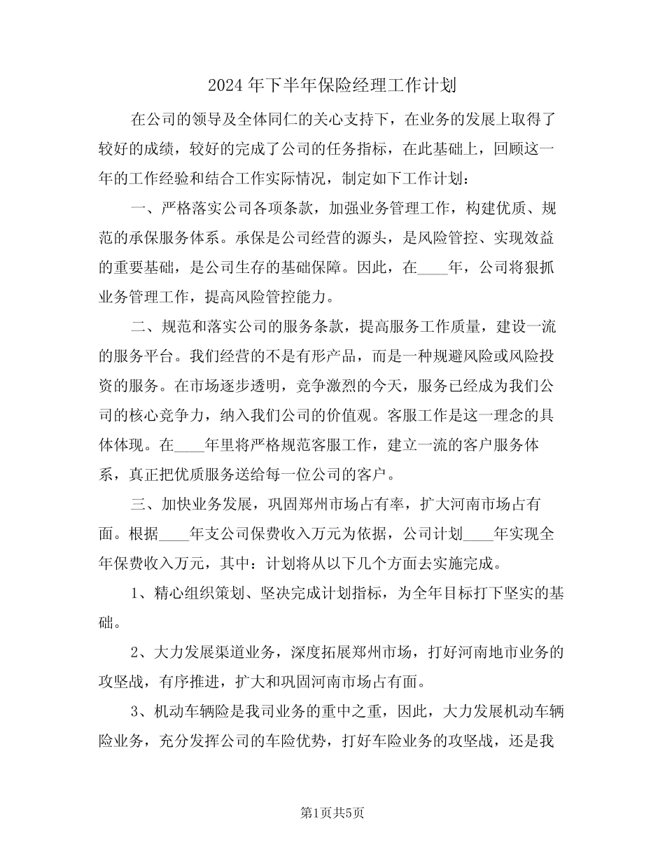 2024年下半年保险经理工作计划(二篇) _第1页