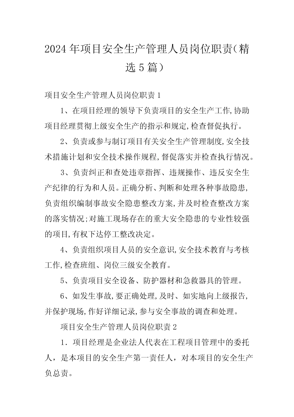 2024年项目安全生产管理人员岗位职责(精选5篇)_第1页
