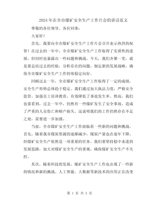 2024年在全市煤矿安全生产工作片会的讲话范文 