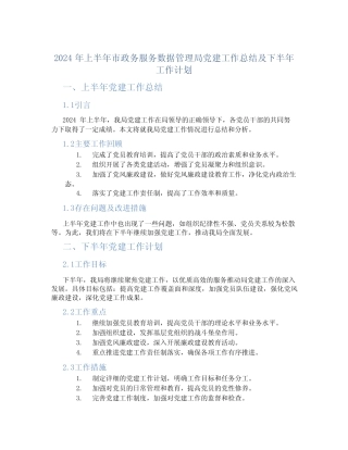 2024年上半年市政务服务数据管理局党建工作总结及下半年工作计划