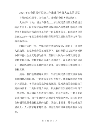 2024年在全镇民营经济工作推进月动员大会上的讲话 