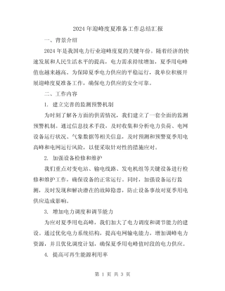 2024年迎峰度夏准备工作总结汇报 