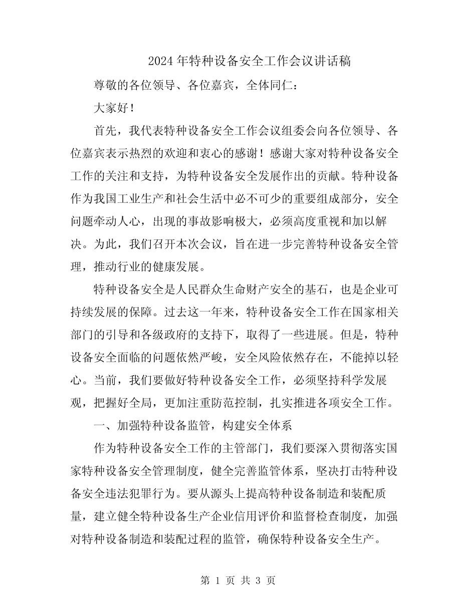 2024年特种设备安全工作会议讲话稿 _第1页