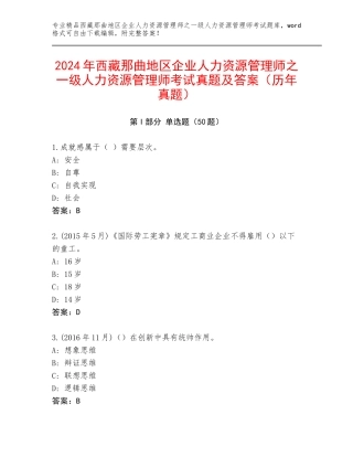 2024年西藏那曲地区企业人力资源管理师之一级人力资源管理师考试真题及答案（历年真题）