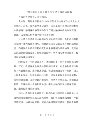 2024年在全市金融工作会议上的讲话范本 