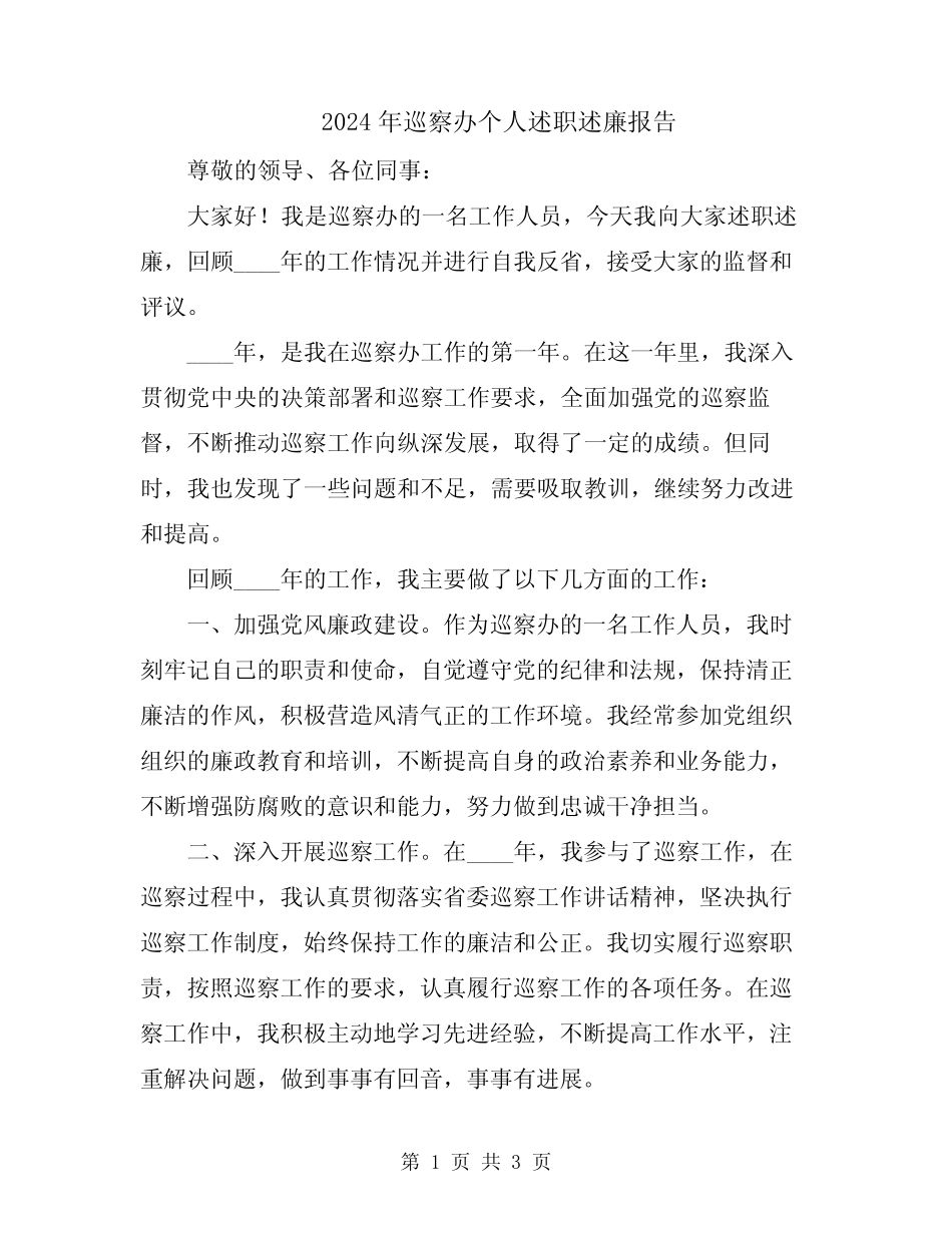 2024年巡察办个人述职述廉报告_第1页