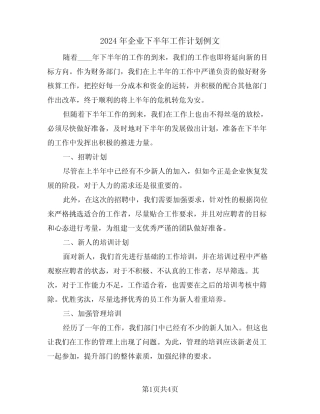 2024年企业下半年工作计划例文(二篇)