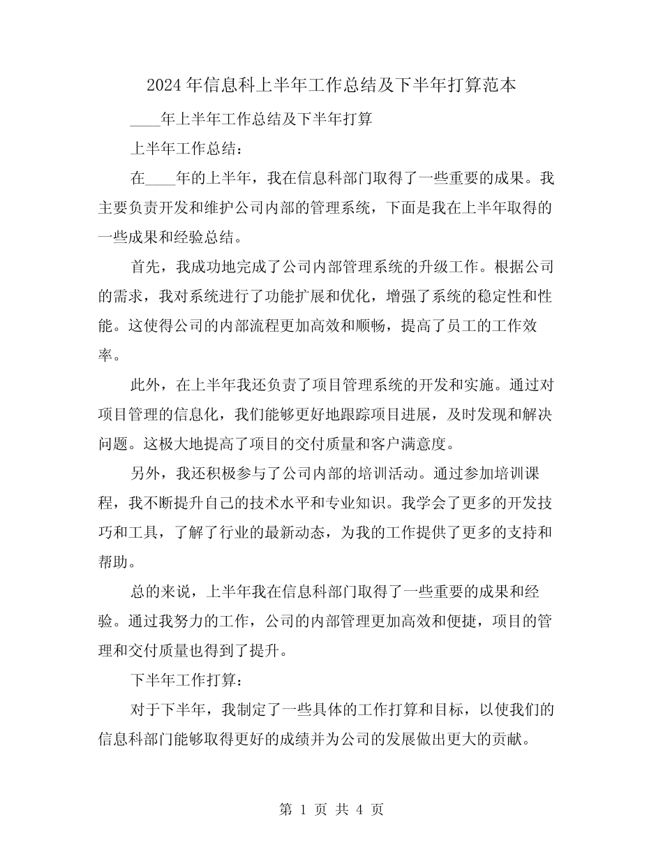 2024年信息科上半年工作总结及下半年打算范本(2篇)_第1页