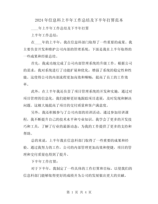 2024年信息科上半年工作总结及下半年打算范本(2篇)