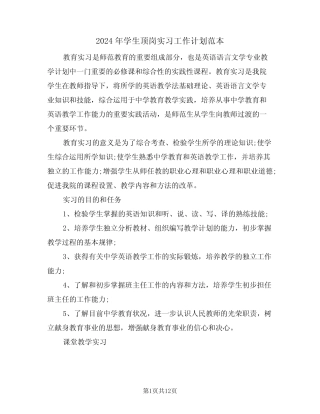 2024年学生顶岗实习工作计划范本(五篇)