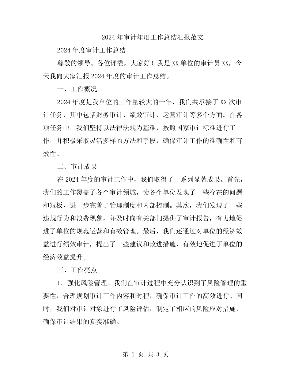 2024年审计年度工作总结汇报范文_第1页