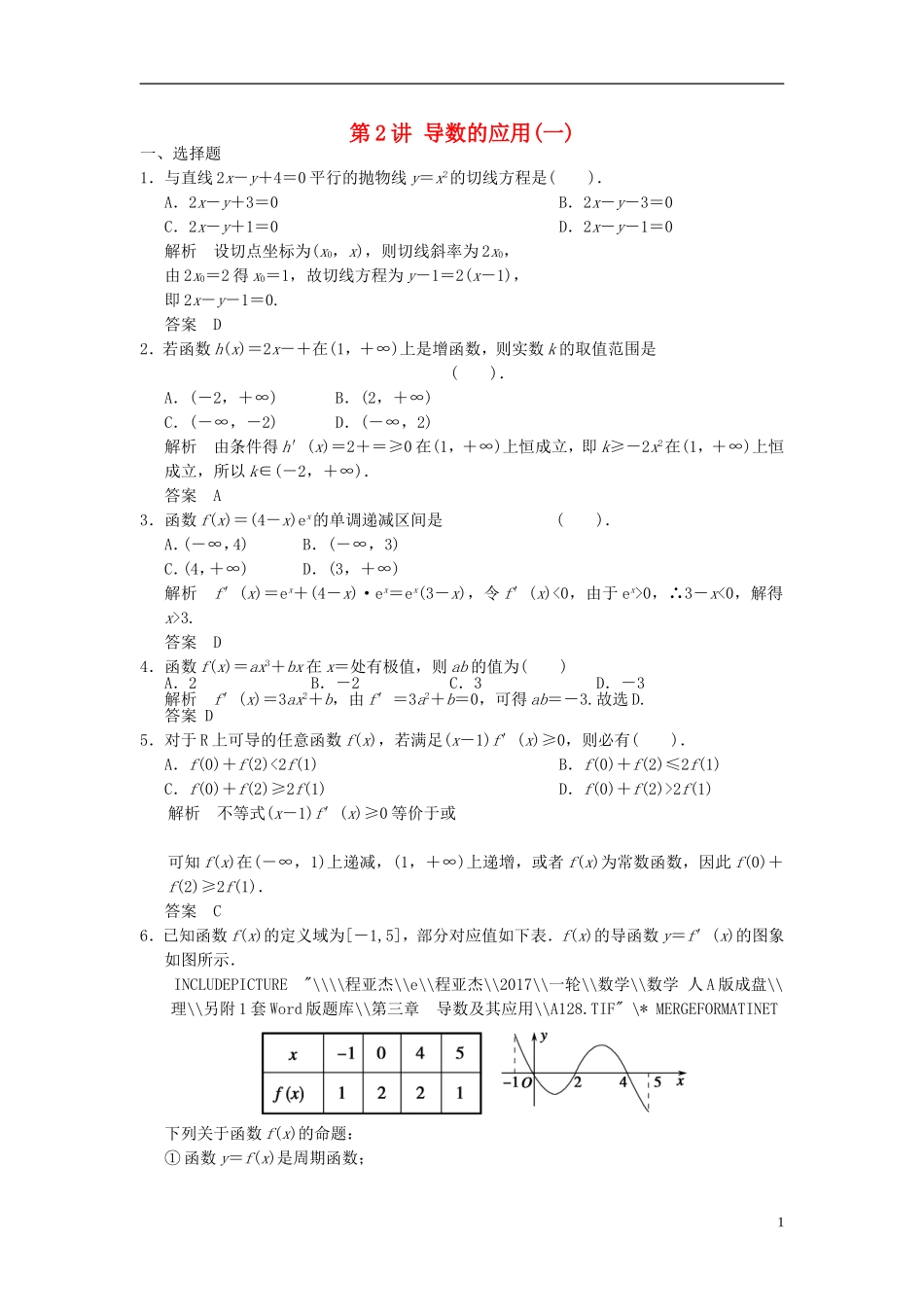 高考数学一轮复习 第三章 导数及其应用 第2讲 导数的应用(一) 理-人教版高三全册数学试题_第1页