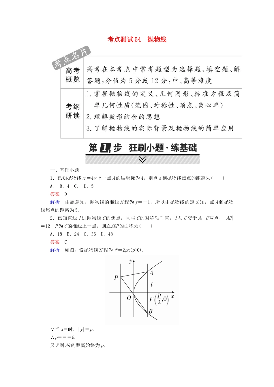 高考数学 考点通关练 第七章 平面解析几何 54 抛物线试题 理-人教版高三全册数学试题_第1页