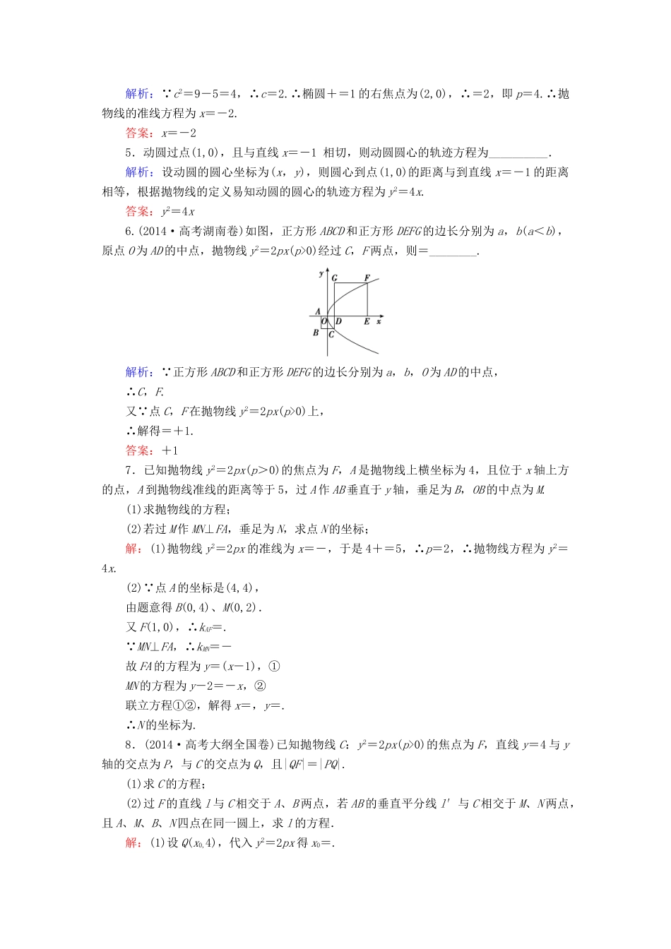 高考数学大一轮复习 第八章 平面解析几何 8.6 抛物线课时规范训练 理 北师大版-北师大版高三全册数学试题_第2页