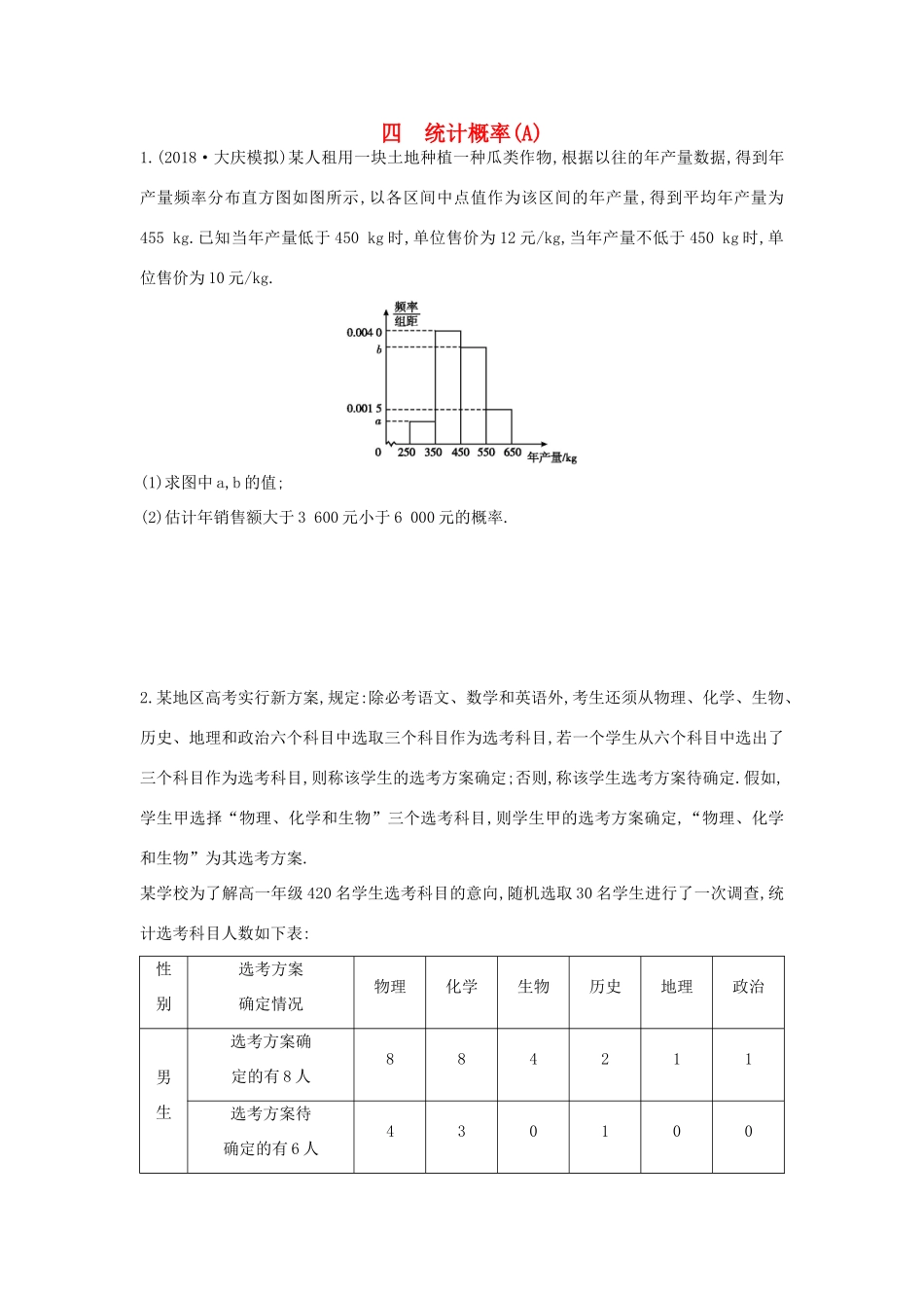 高考数学二轮复习 高考大题专项练 四 统计概率（A）理-人教版高三全册数学试题_第1页