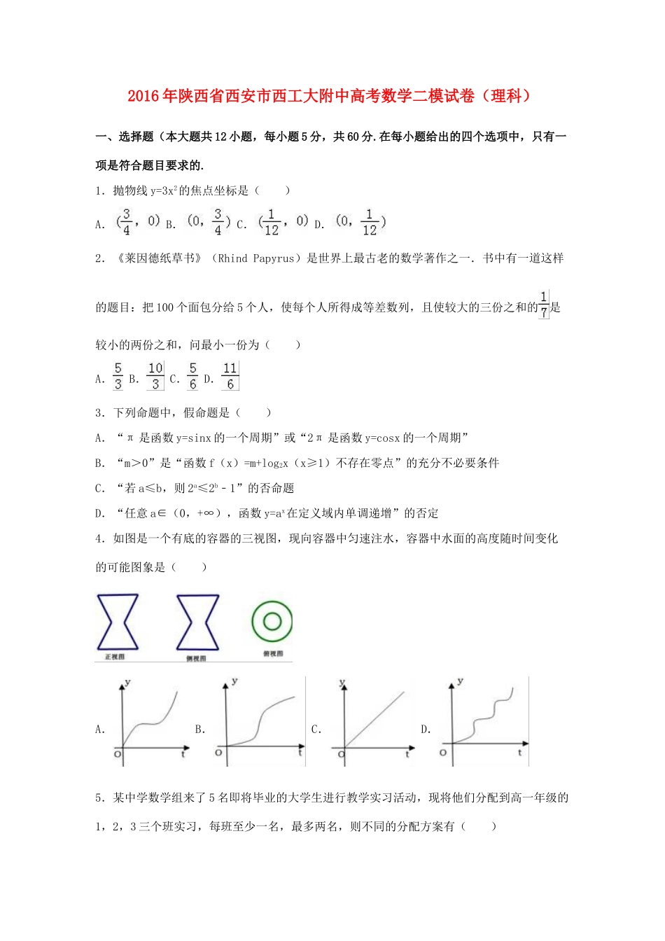 陕西省西安市西工大附中高考数学二模试卷 理（含解析）-人教版高三全册数学试题_第1页