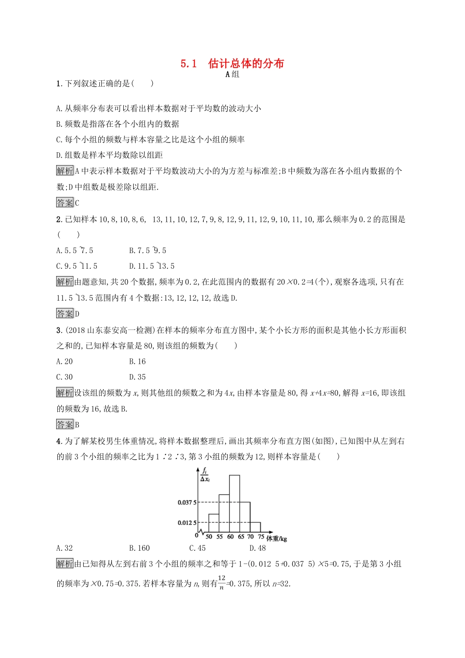 高中数学 第一章 统计 1.5.1 估计总体的分布练习 北师大版必修3-北师大版高一必修3数学试题_第1页