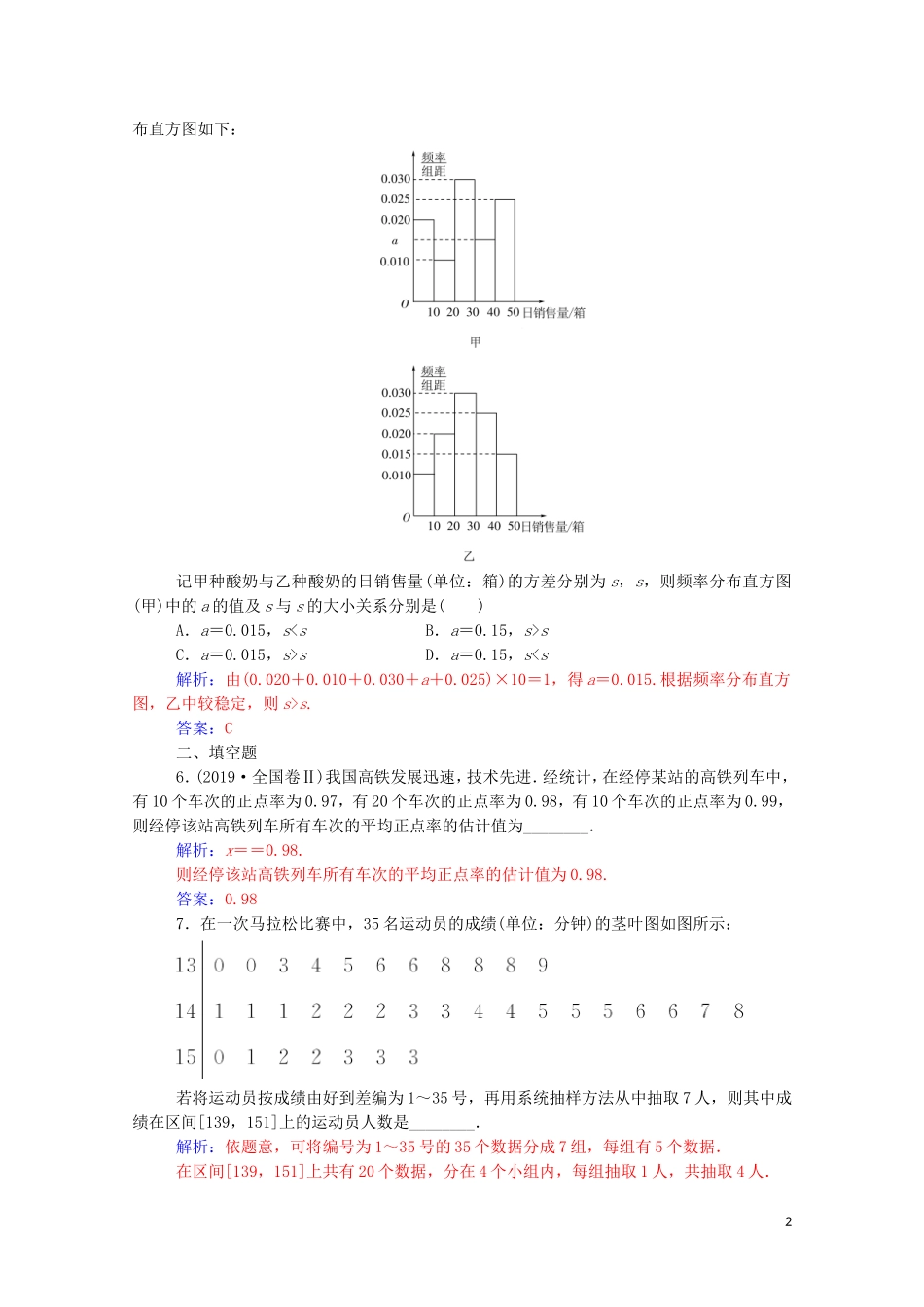 高考数学二轮复习 第二部分 专题四 概率与统计 第1讲 统计与统计案例练习 文（含解析）-人教版高三全册数学试题_第2页
