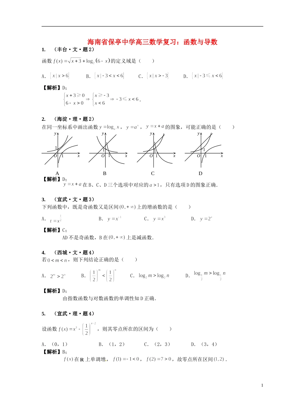 海南省保亭中学高三数学 函数与导数复习_第1页