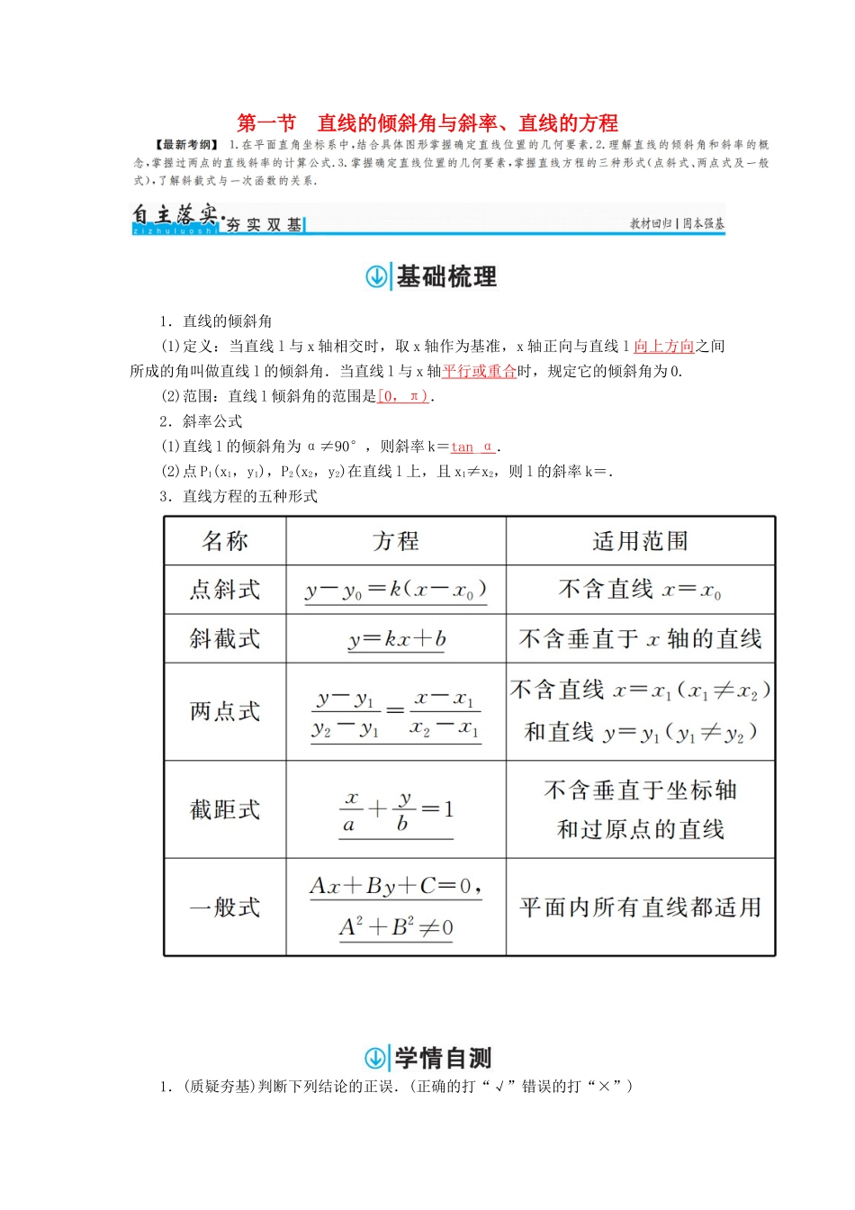 高考数学一轮总复习 第八章 平面解析几何 第一节 直线的倾斜角与斜率、直线的方程练习 理-人教版高三全册数学试题_第1页