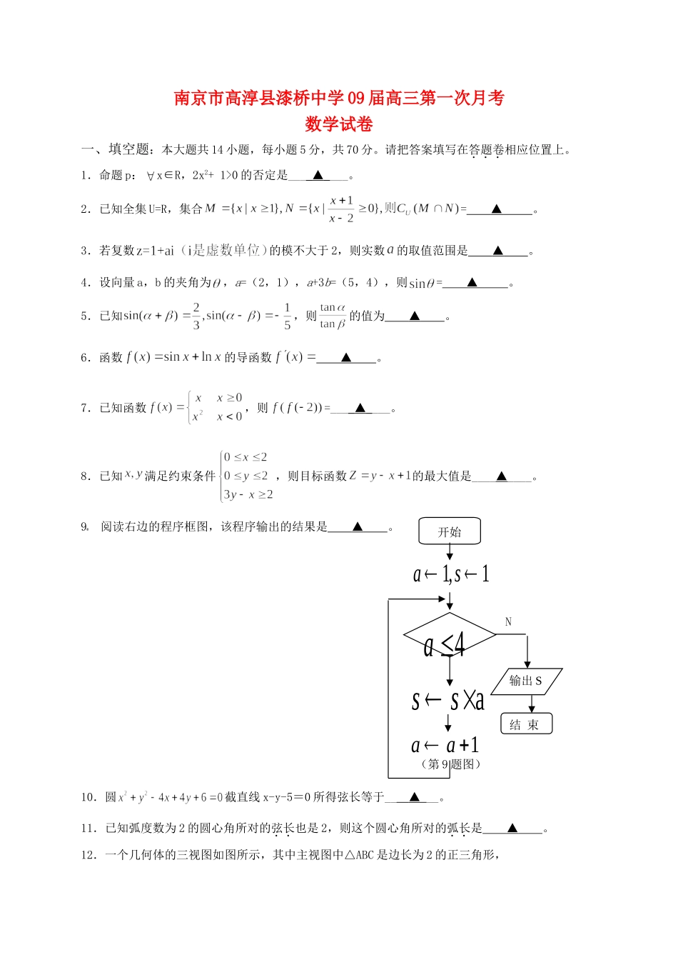 南京市高淳县漆桥中学09届高三数学第一次月考  苏教版_第1页
