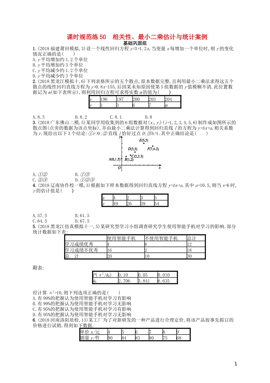 高考数学一轮复习 第十章 算法初步、统计与统计案例 课时规范练50 相关性、最小二乘估计与统计案例 文 北师大版-北师大版高三全册数学试题_第1页