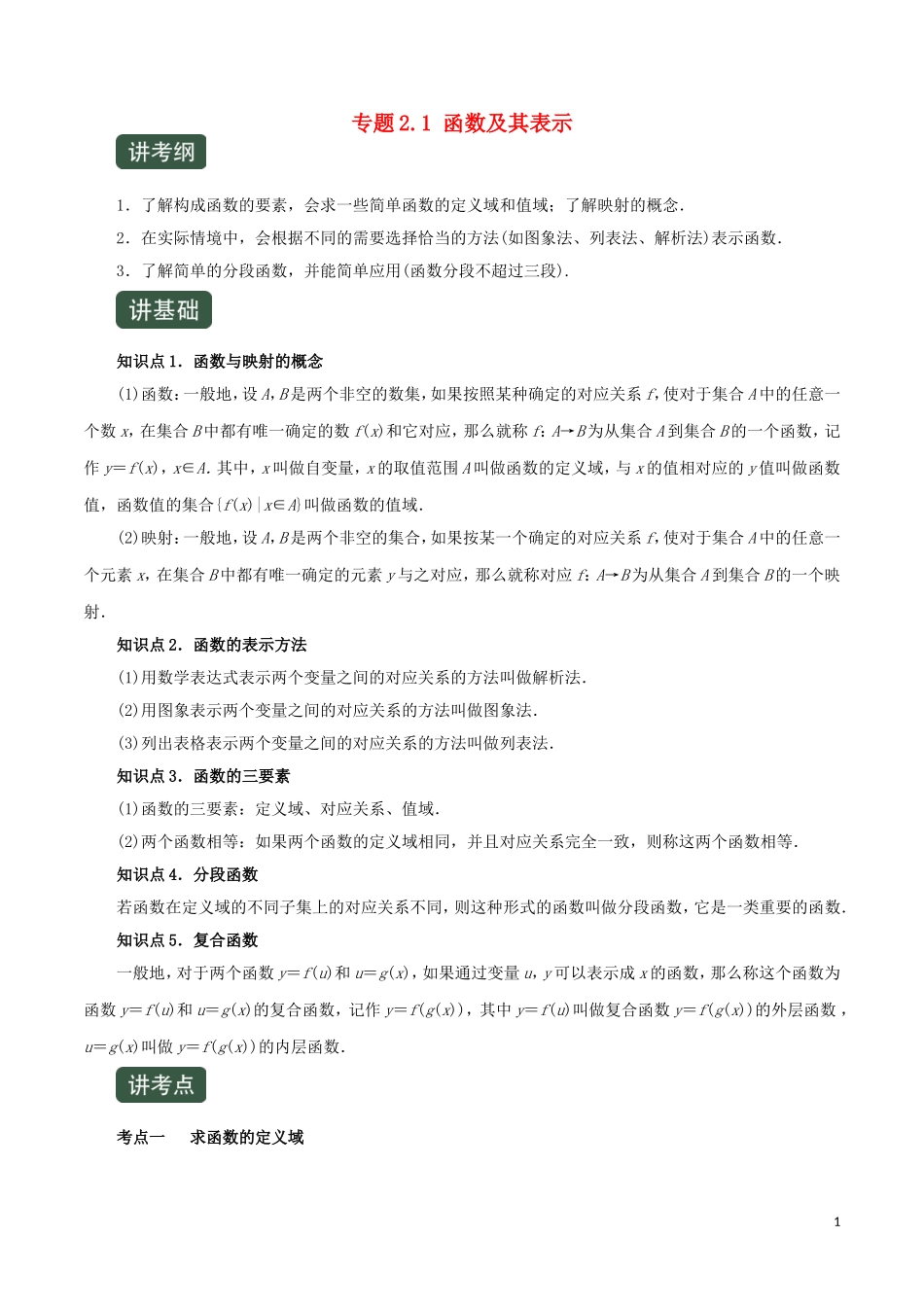 高考数学一轮复习讲练测 专题2.1 函数及其表示（讲）文（含解析）-人教版高三全册数学试题_第1页