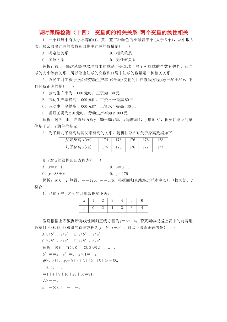 高中数学 课时跟踪检测（十四）变量间的相关关系 两个变量的线性相关 新人教B版必修3-新人教B版高一必修3数学试题_第1页