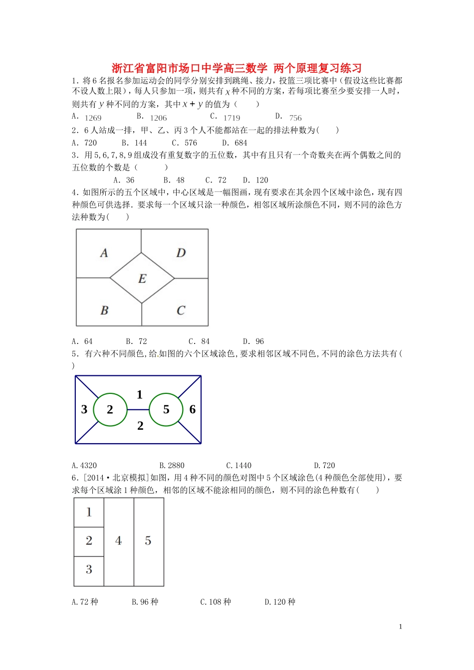 浙江省富阳市场口中学高三数学 两个原理复习练习_第1页