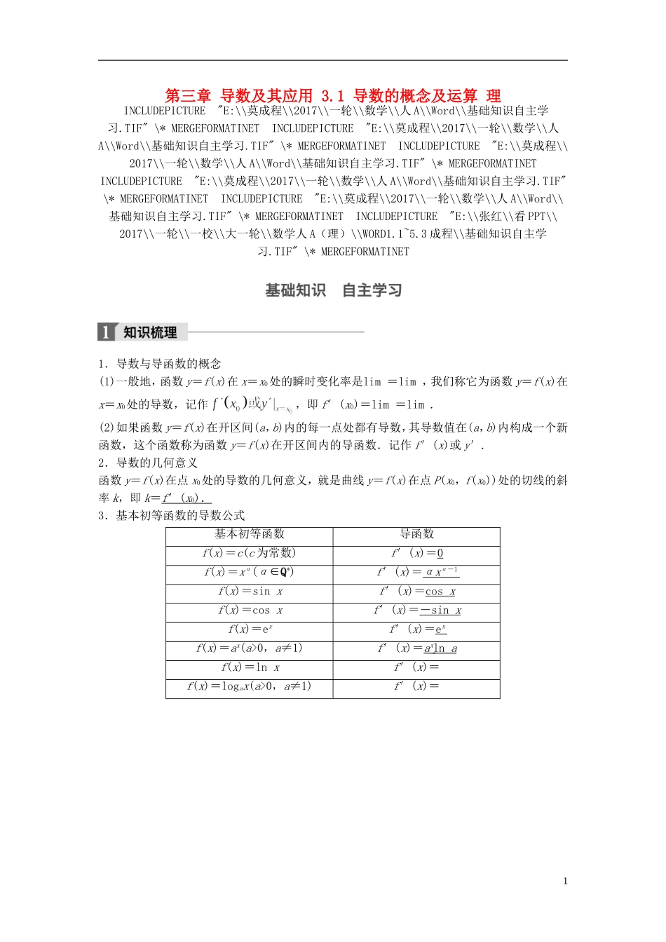 高考数学一轮复习 第三章 导数及其应用 3.1 导数的概念及运算 理-人教版高三全册数学试题_第1页