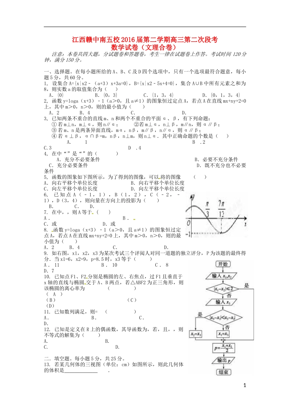 江西省赣中南五校高三数学下学期第二次段考试题-人教版高三全册数学试题_第1页