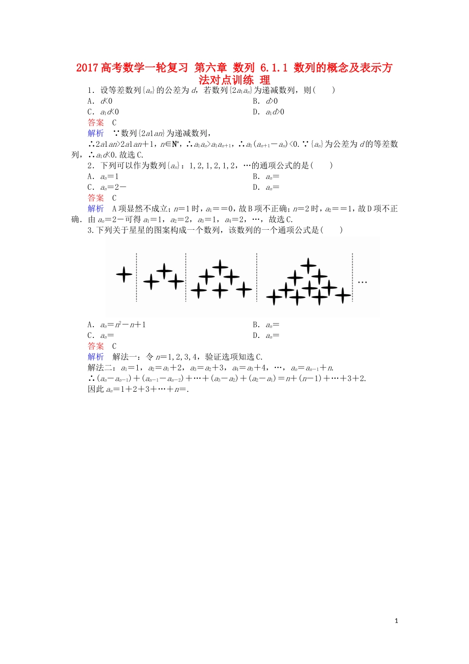 高考数学一轮复习 第六章 数列 6.1.1 数列的概念及表示方法对点训练 理-人教版高三全册数学试题_第1页