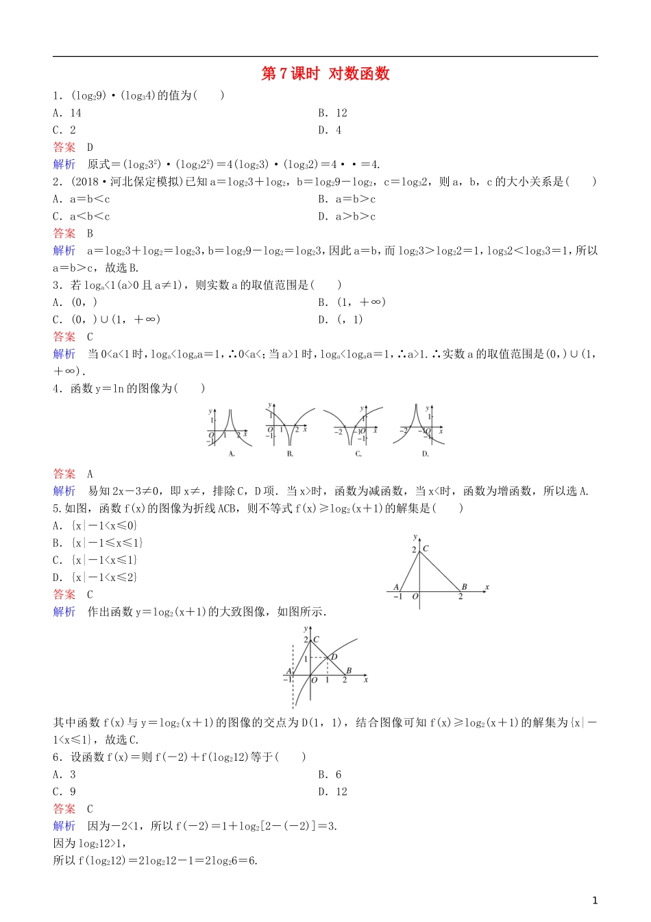 高考数学一轮复习 第2章 函数与基本初等函数 第7课时 对数函数练习 理-人教版高三全册数学试题_第1页