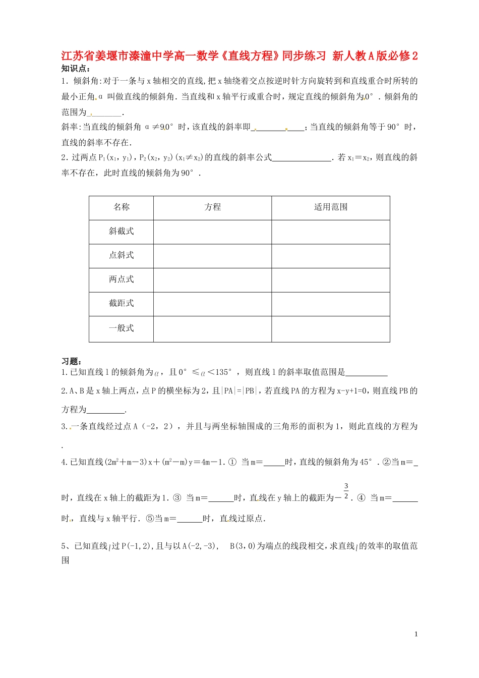 江苏省姜堰市溱潼中学高一数学《直线方程》同步练习 新人教A版必修2_第1页