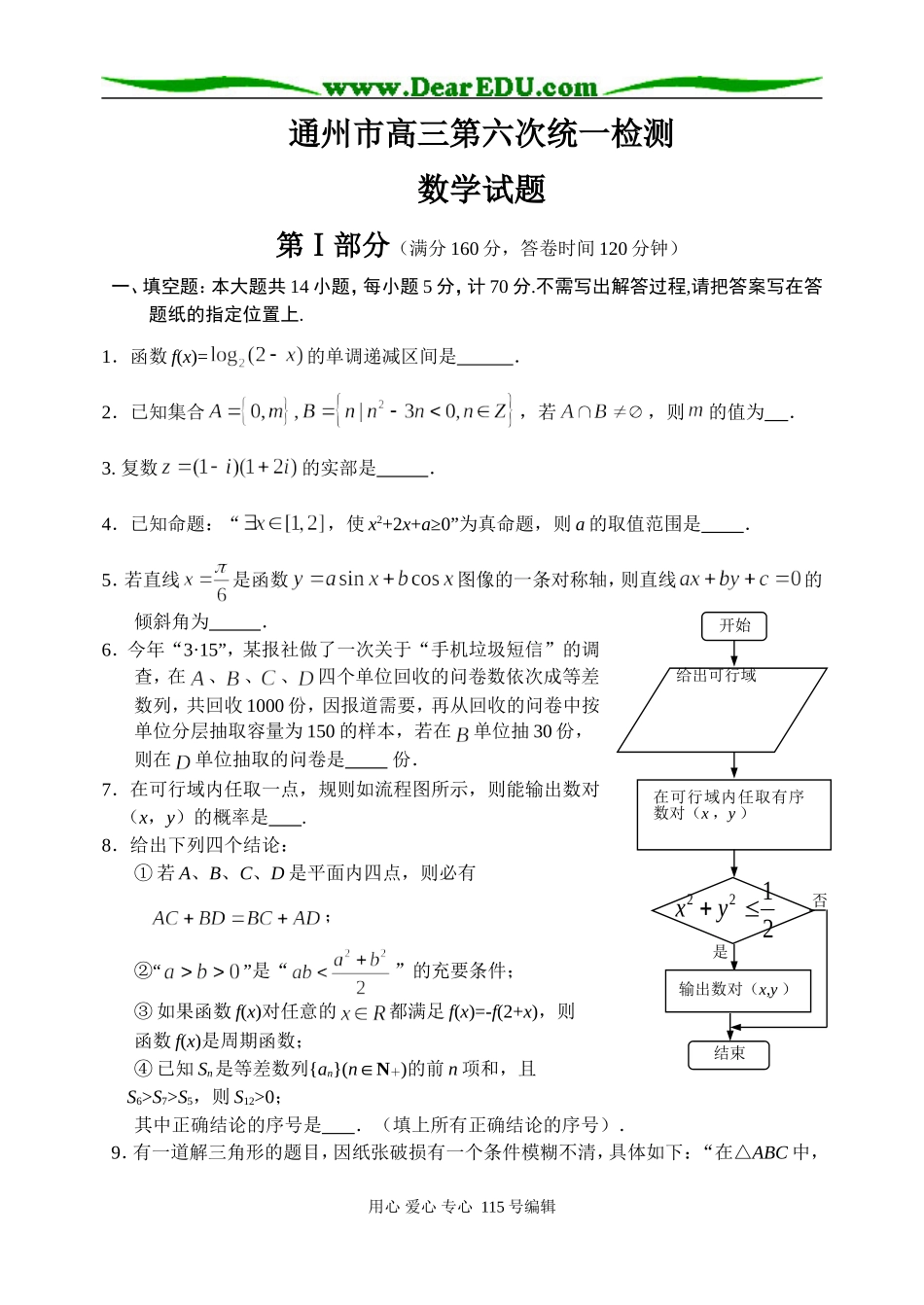 通州市高三第六次数学统一检测_第1页