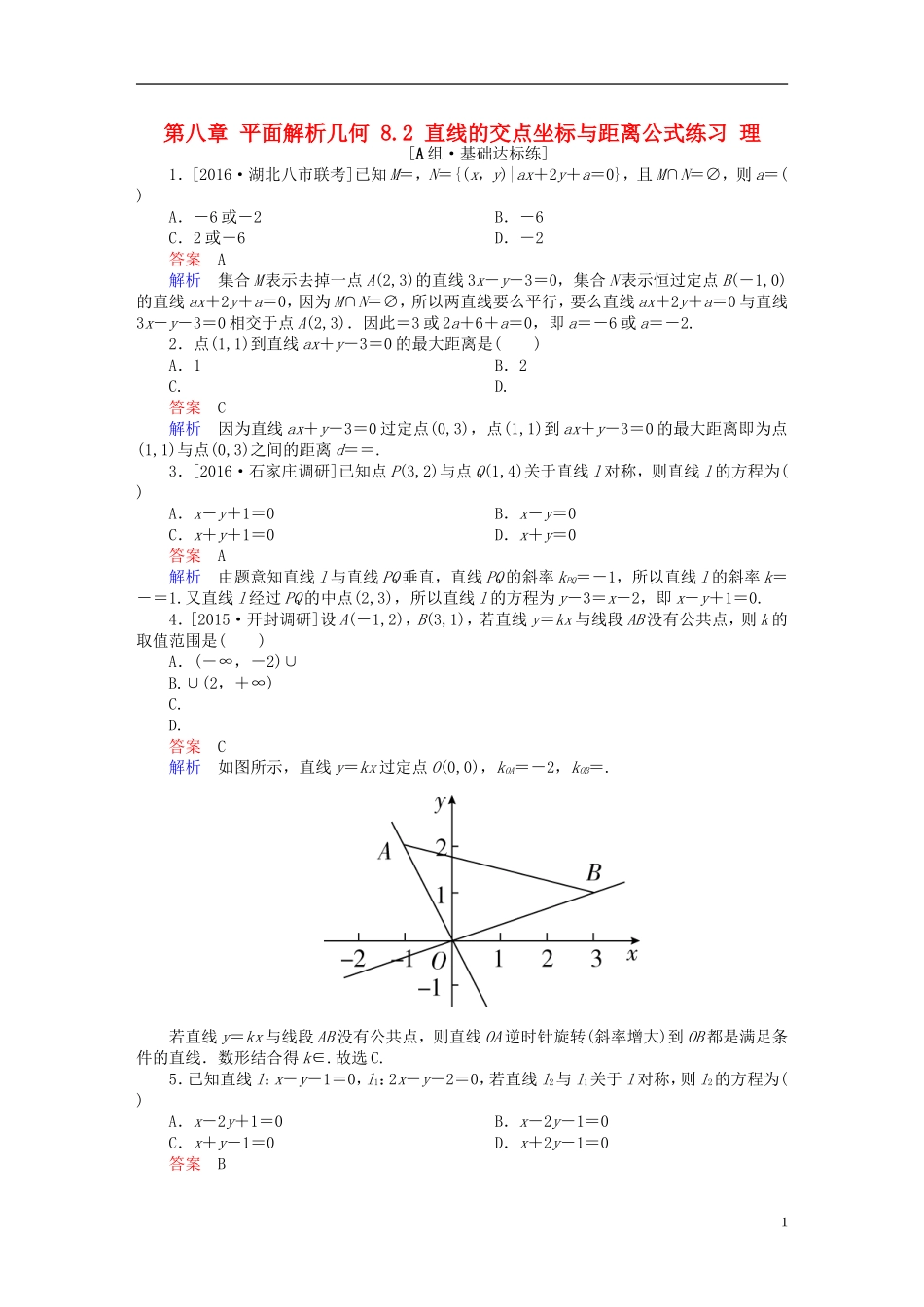 高考数学一轮复习 第八章 平面解析几何 8.2 直线的交点坐标与距离公式练习 理-人教版高三全册数学试题_第1页