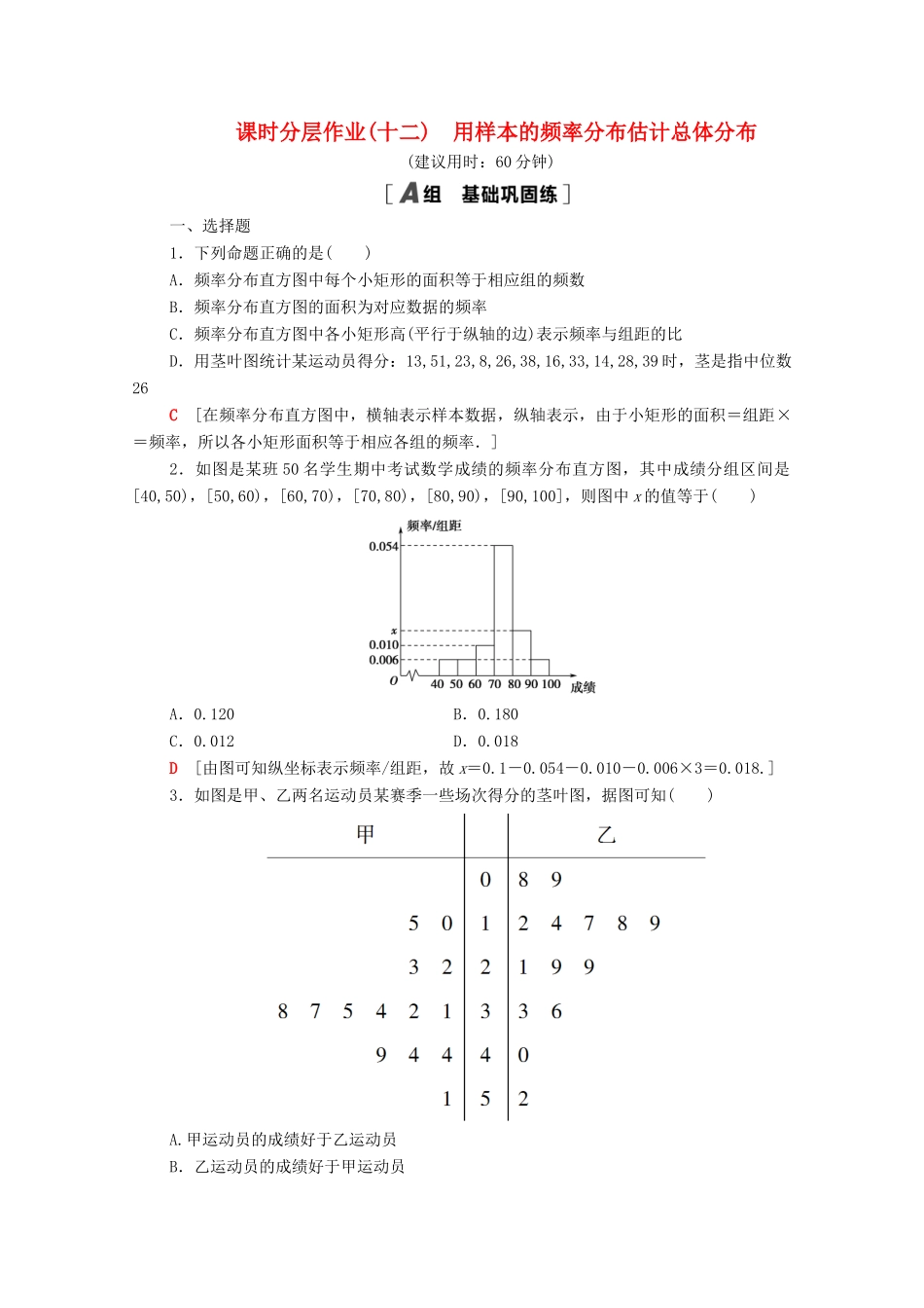 高中数学 课时分层作业12 用样本的频率分布估计总体分布 新人教A版必修3-新人教A版高一必修3数学试题_第1页