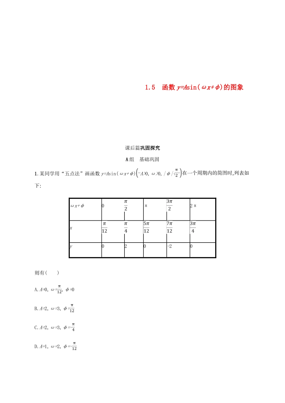 高中数学 第一章 三角函数 1.5 函数yAsin（ωxφ）的图象课后习题 新人教A版必修4-新人教A版高一必修4数学试题_第1页