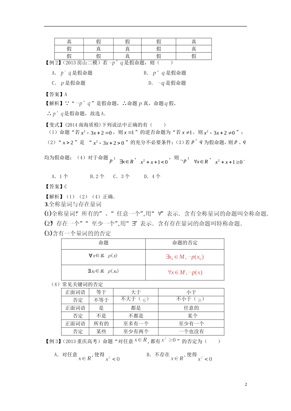 高考数学一轮复习 第一章 集合与常用逻辑用语 第2课 命题与简易逻辑 文（含解析）-人教版高三全册数学试题_第2页