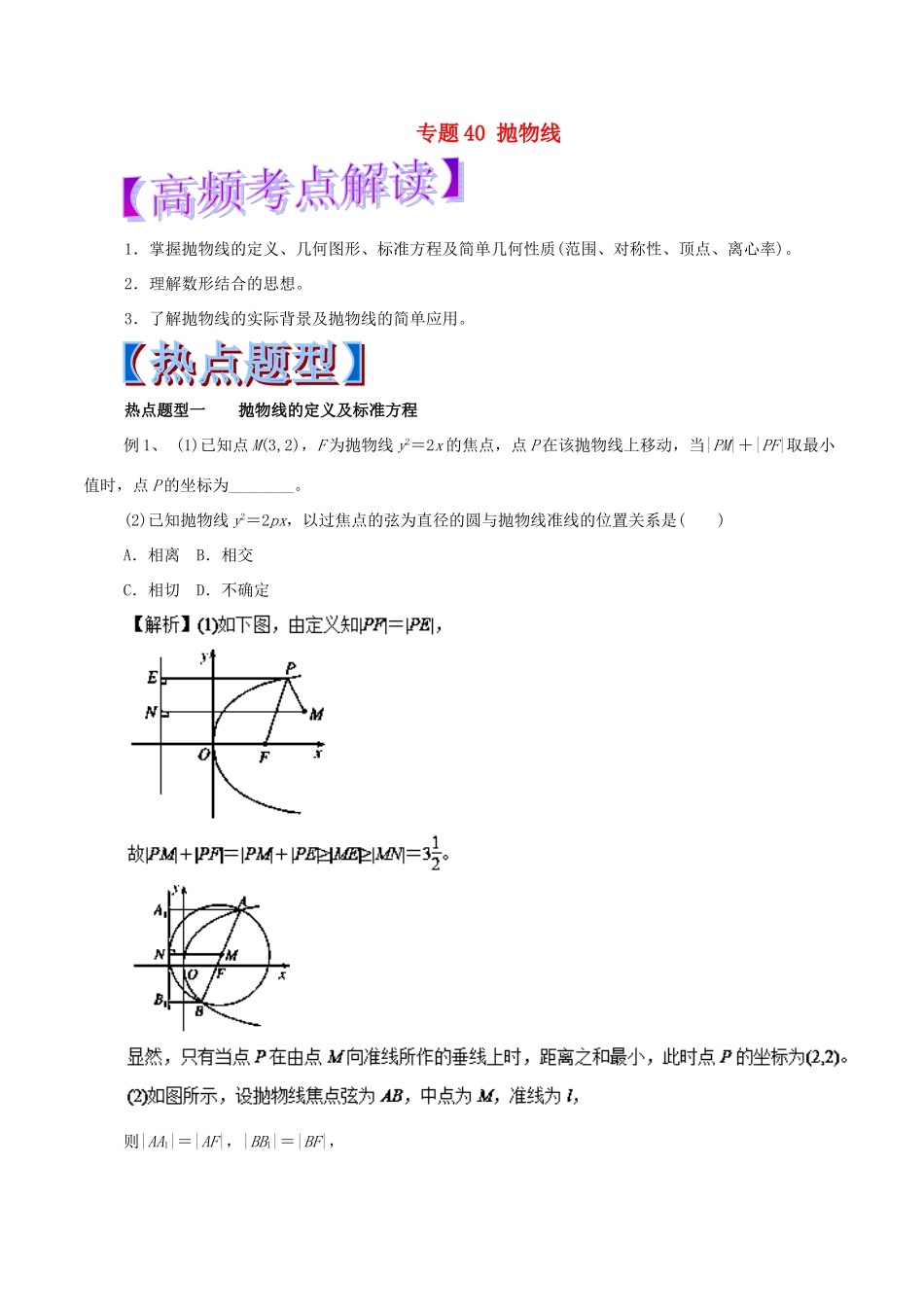 高考数学 专题40 抛物线热点题型和提分秘籍 文-人教版高三全册数学试题_第1页