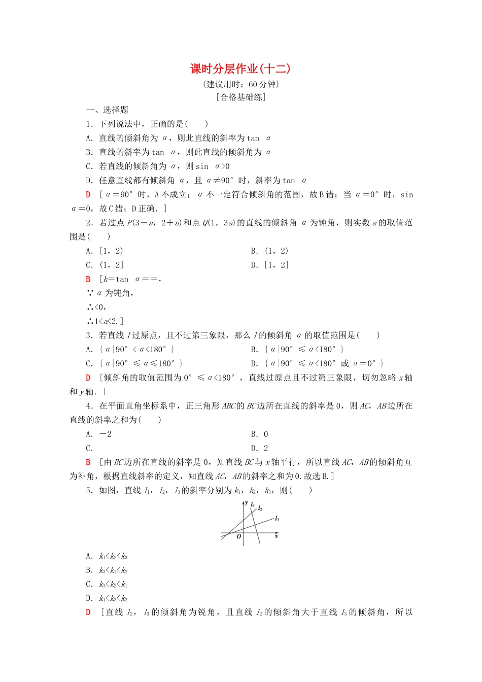 高中数学 课时分层作业12 直线的斜率（含解析）苏教版必修2-苏教版高一必修2数学试题_第1页