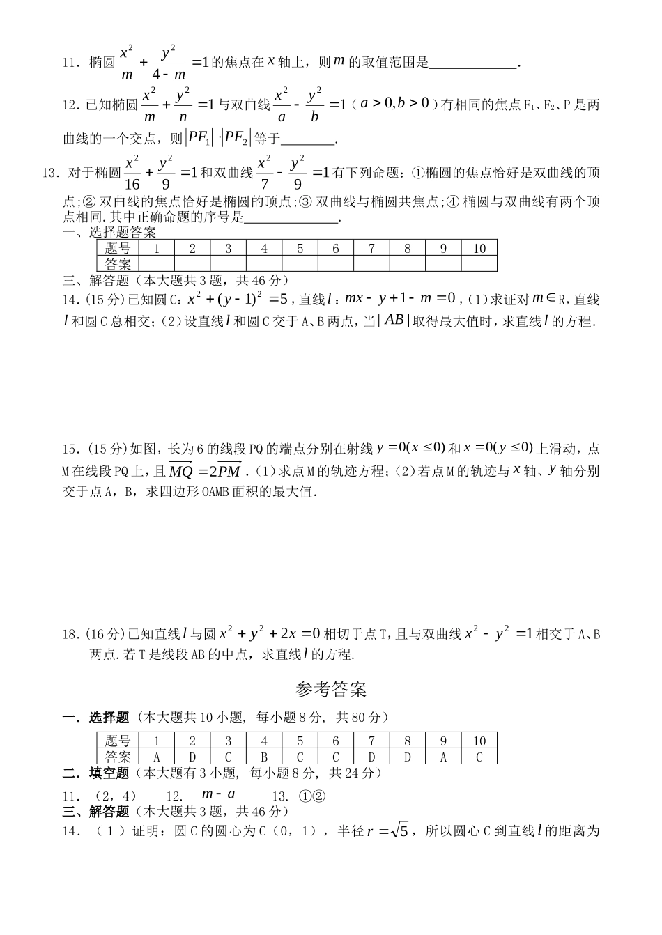 高中数学基本能力测试：直线、圆锥曲线测试题_第2页